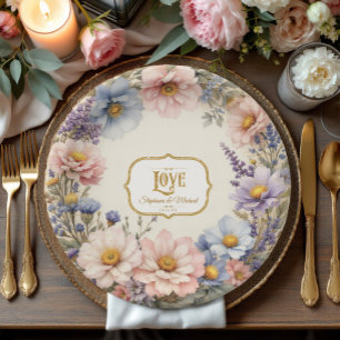 Pastel Floral Elegant Watercolor Pink Blue n Gold Paper Plate