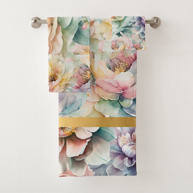 PASTEL FLORAL GARDEN GOLD BATHROOM TOWEL SET (Insitu)