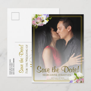 Pastel Floral Gold Frame Wedding Save the Date Postcard