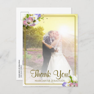 Pastel Floral Gold Frame Wedding Thank You Photo Postcard