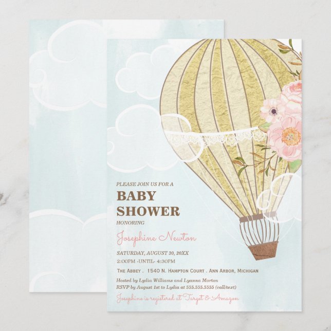 Pastel Floral & Gold Hot Air Balloon Baby Shower Invitation (Front/Back)