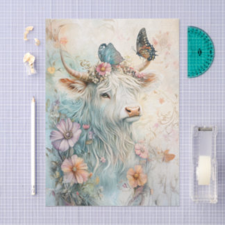 Pastel Floral Highland Cow Decoupage Tissue Paper