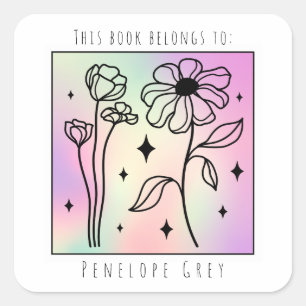 Pastel Floral Hologram Square Book Plate Sticker