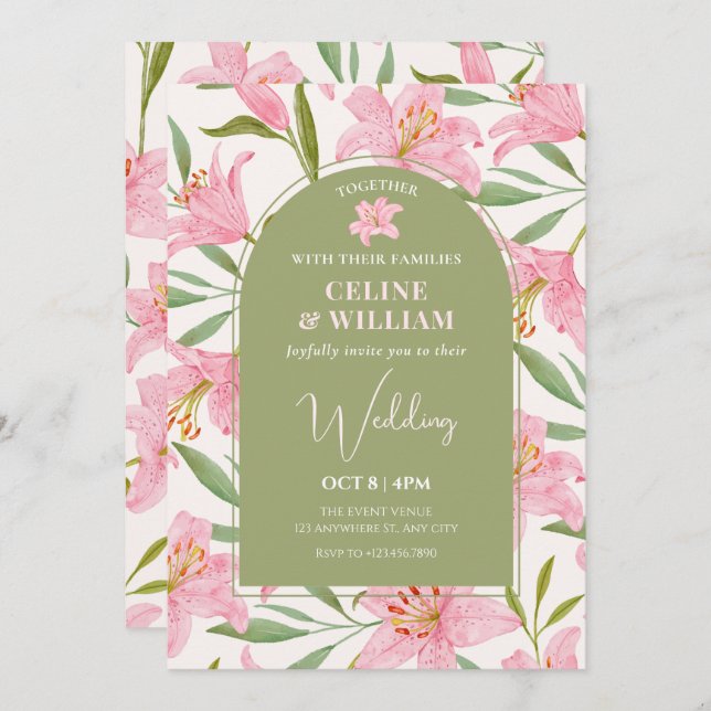Pastel floral lily pink green wedding  invitation (Front/Back)