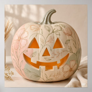 Pastel Floral Line Art Pumpkin Poster