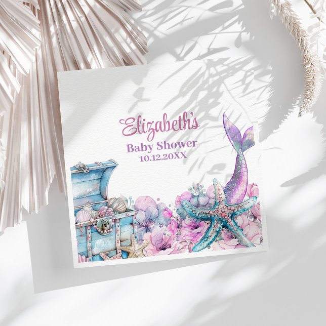 Pastel Floral Mermaid Tail Baby Shower  Napkin (Pastel Floral Mermaid Tail Baby Shower Napkins on a sunny table with white dry flowers.)
