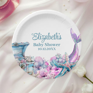 Pastel Floral Mermaid Tail Baby Shower Paper Plate