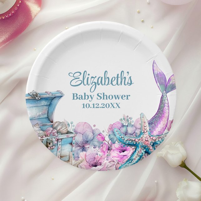 Pastel Floral Mermaid Tail Baby Shower  Paper Plate (Pastel Floral Mermaid Tail Baby Shower Paper Plates on a party table with a white rose.)