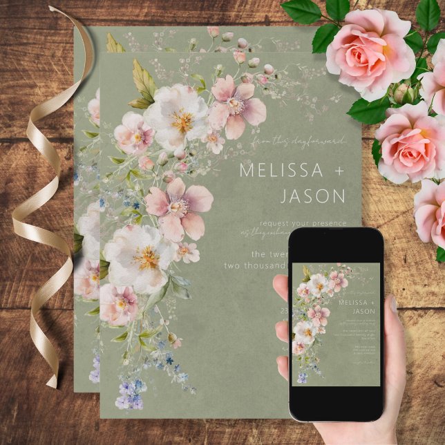 Pastel Floral Modern Green Wedding Invitation (Creator Uploaded)