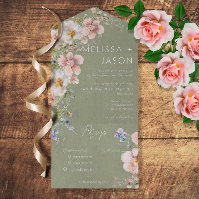 Pastel Floral Modern Sage Green Dinner All In One Invitation (Creator Uploaded)