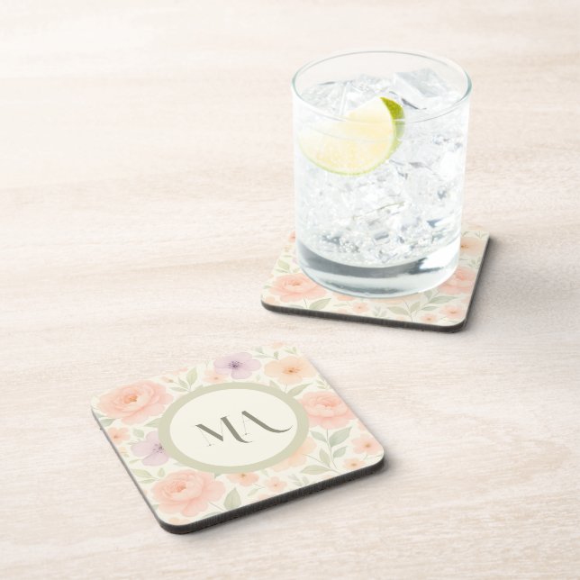 Pastel Floral Monogram Hard Plastic Coaster (Right Side)