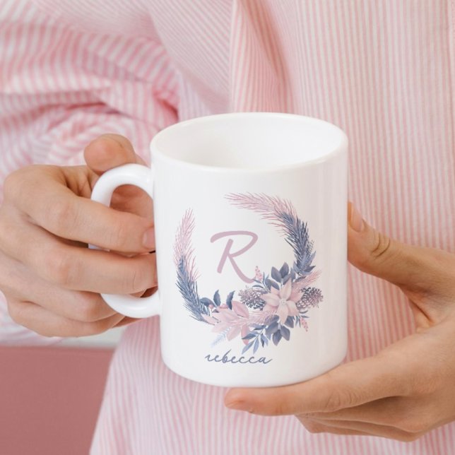 Pastel Floral Monogram Winter Mug Custom Name Gift (Creator Uploaded)