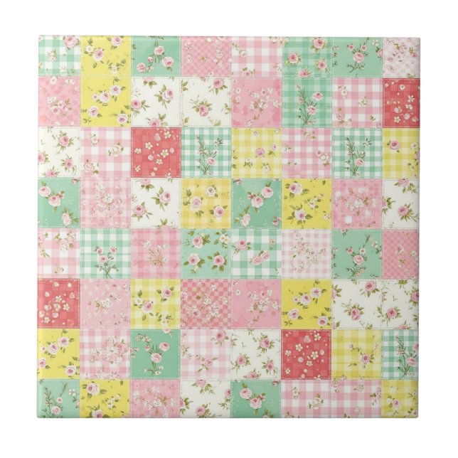 Pastel Floral Patchwork Picnic Pattern (6) Tile (Front)