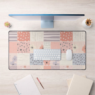 Pastel Floral Patchwork Quilt in Pink and Blue Desk Mat