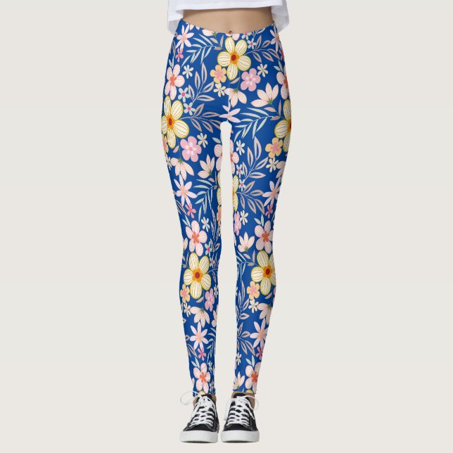 Pastel Floral pattern C03.bw Blue BG Leggings (Front)