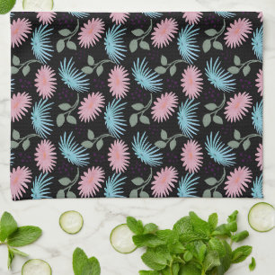 Pastel Floral Pattern on Black Background Cute D Tea Towel