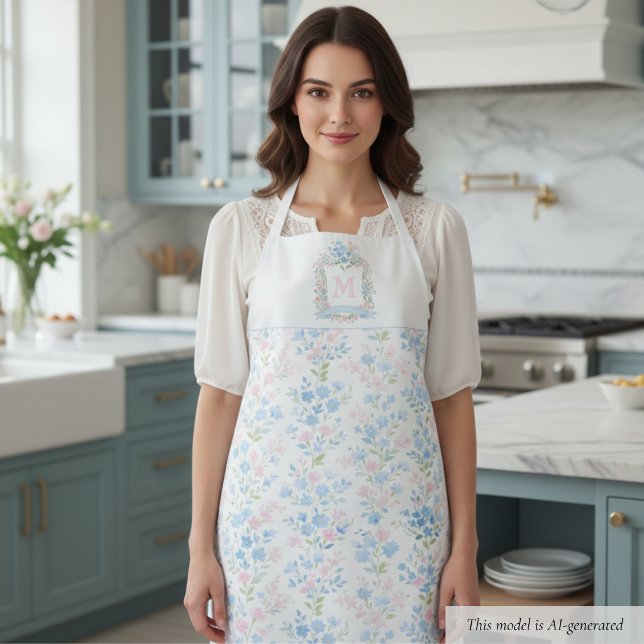 Pastel Floral Personalised Monogram Apron (elegant preppy grandmillennial pink blue floral pattern apron with family crest and custom initial )