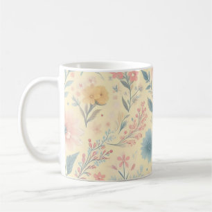 Pastel Floral Pink & Blue on Light Yellow Coffee Mug