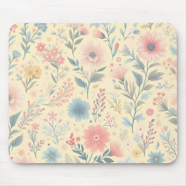 Pastel Floral Pink & Blue on Light Yellow Mouse Pad (Front)