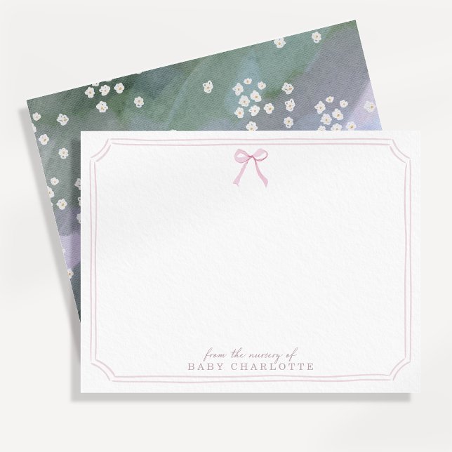 Pastel Floral Pink Bow Nursery Note Card (Creator Uploaded)