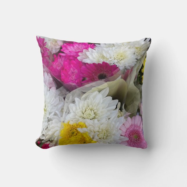 Pastel Floral Pink, Yellow & White Chrysanthemum  Cushion (Front)