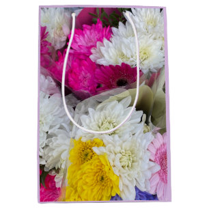 Pastel Floral Pink, Yellow & White Chrysanthemum  Medium Gift Bag