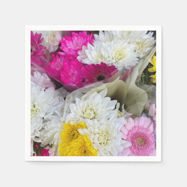Pastel Floral Pink, Yellow & White Chrysanthemum Napkin (Front)
