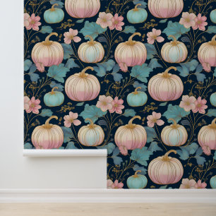 Pastel Floral Pumpkin Patch on Dark Blue Wallpaper