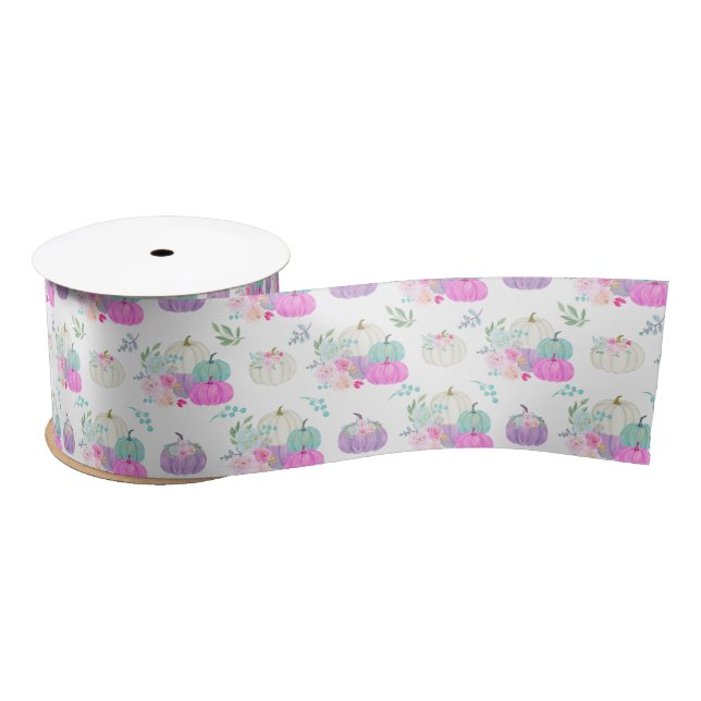 Pastel Floral Pumpkins in Pink, Purple and Blue Satin Ribbon (Spool)