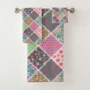 Pastel Floral Quilt Squares Bath Towel Set