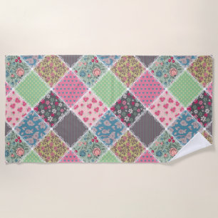 Pastel Floral Quilt Squares Beach Towel