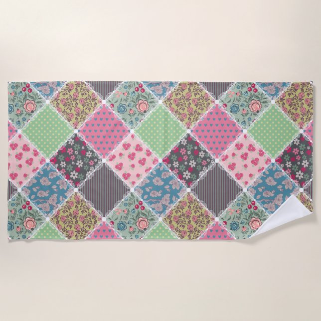 Pastel Floral Quilt Squares Beach Towel (Front)