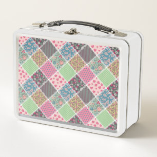 Pastel Floral Quilt Squares Metal Lunch Box