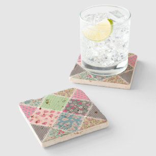 Pastel Floral Quilt Squares Stone Coaster