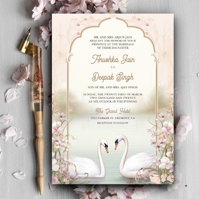 Pastel Floral Romantic Swans Indian Wedding Invitation (Creator Uploaded)