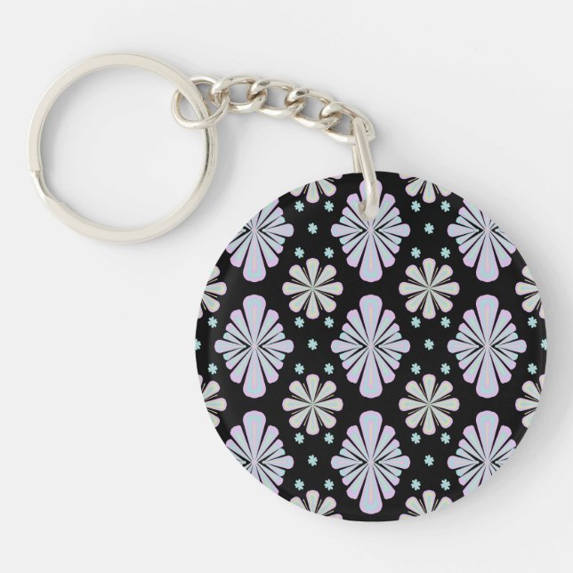 Pastel floral shapes on a black background key ring (Front)
