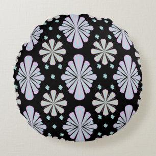 Pastel Floral Shapes on Black Background Round Cushion