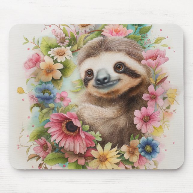 Pastel Floral Sloth Mouse Pad (Front)