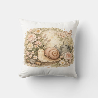 Pastel Floral Snail Aesthetic Garden Throw Pillow