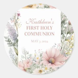 Pastel Floral Spring First Communion Classic Round Sticker