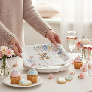 Pastel Floral Teddy Bear "We Can Bearly Wait" Show Paper Plate