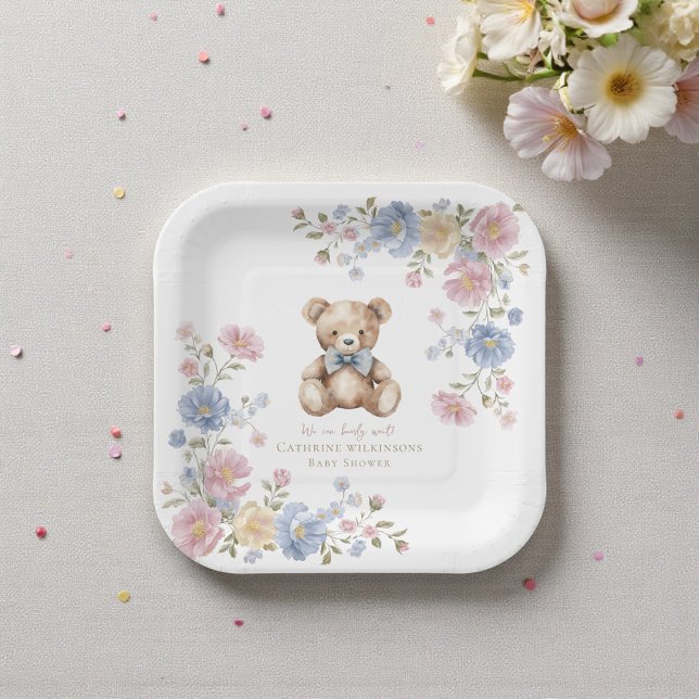 Pastel Floral Teddy Bear "We Can Bearly Wait" Show Paper Plate (Creator Uploaded)