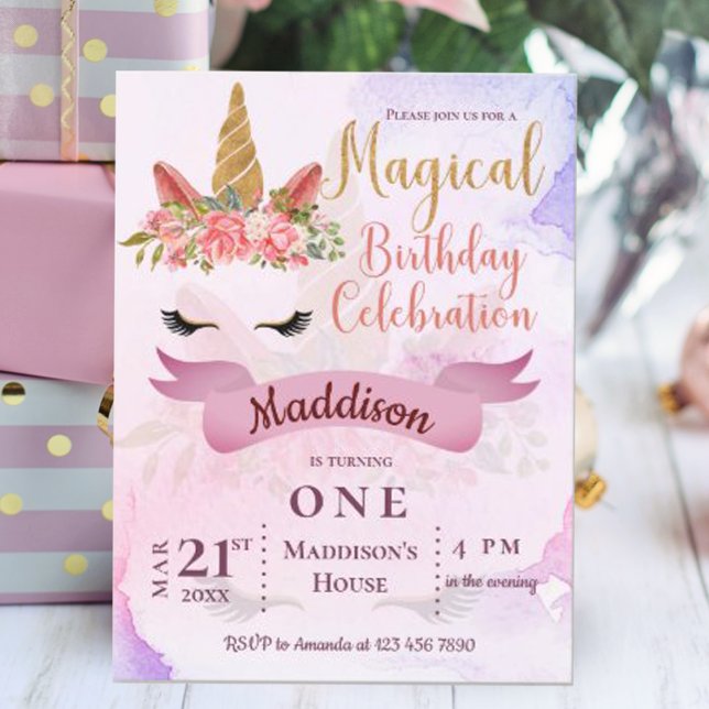 Pastel Floral Unicorn Birthday Party Invitation  Postcard (Pastel Floral Unicorn Birthday Party Invitation Postcard)