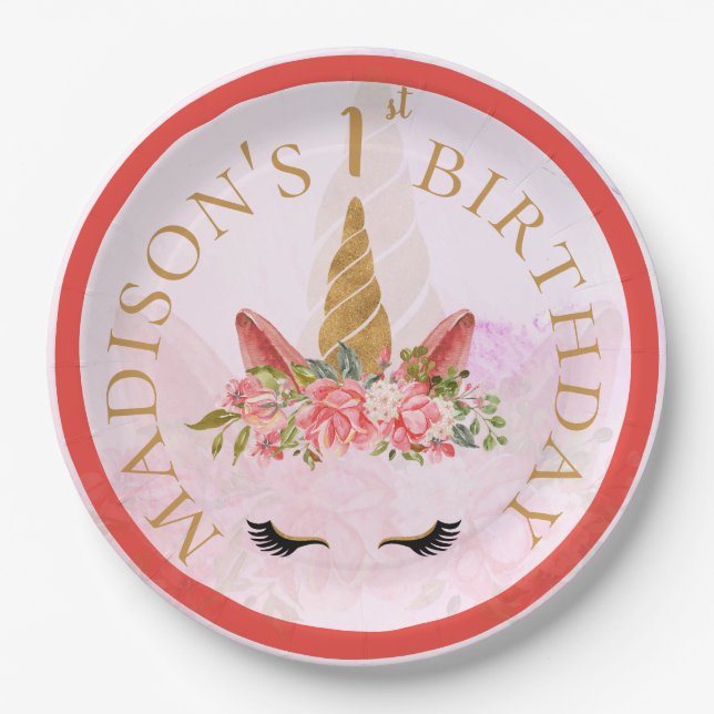 Pastel Floral Unicorn Birthday Party Paper Plate (Front)