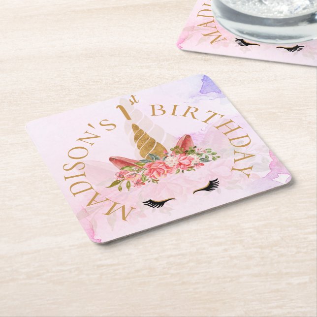 Pastel Floral Unicorn Birthday Party Square Paper Coaster (Angled)
