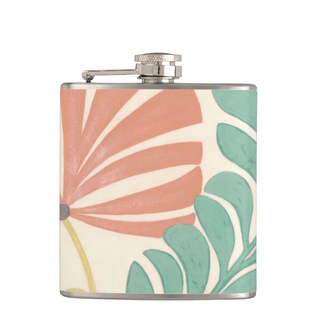 Pastel Floral Vines and Leaves on Cream Background Hip Flask (Front)