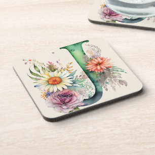 Pastel Floral Watercolor Monogram Flowers Daisy Coaster