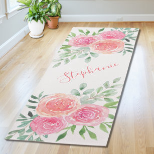 Pastel Floral Watercolor Name Monogram Yoga Mat