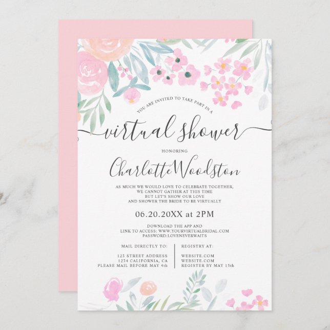 Pastel floral watercolor script virtual shower invitation (Front/Back)