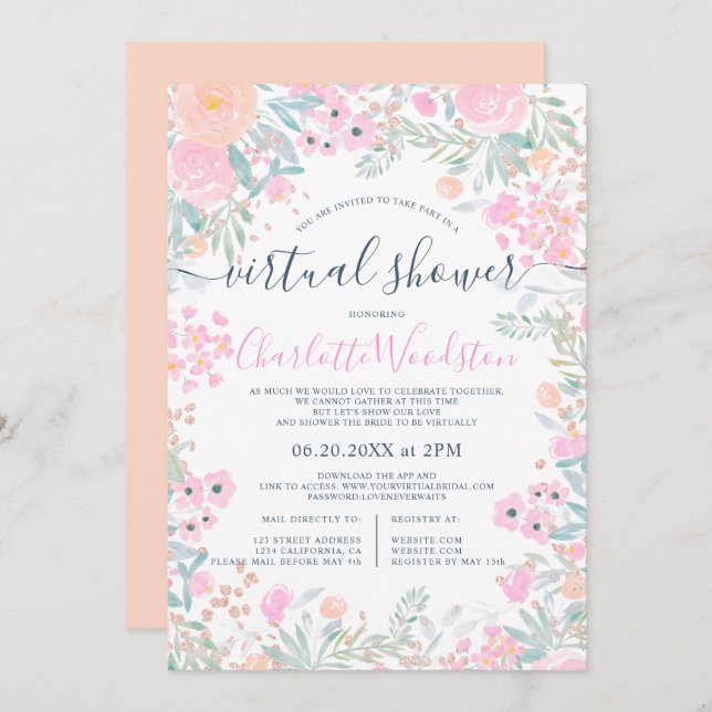 Pastel floral watercolor script virtual shower invitation (Front/Back)